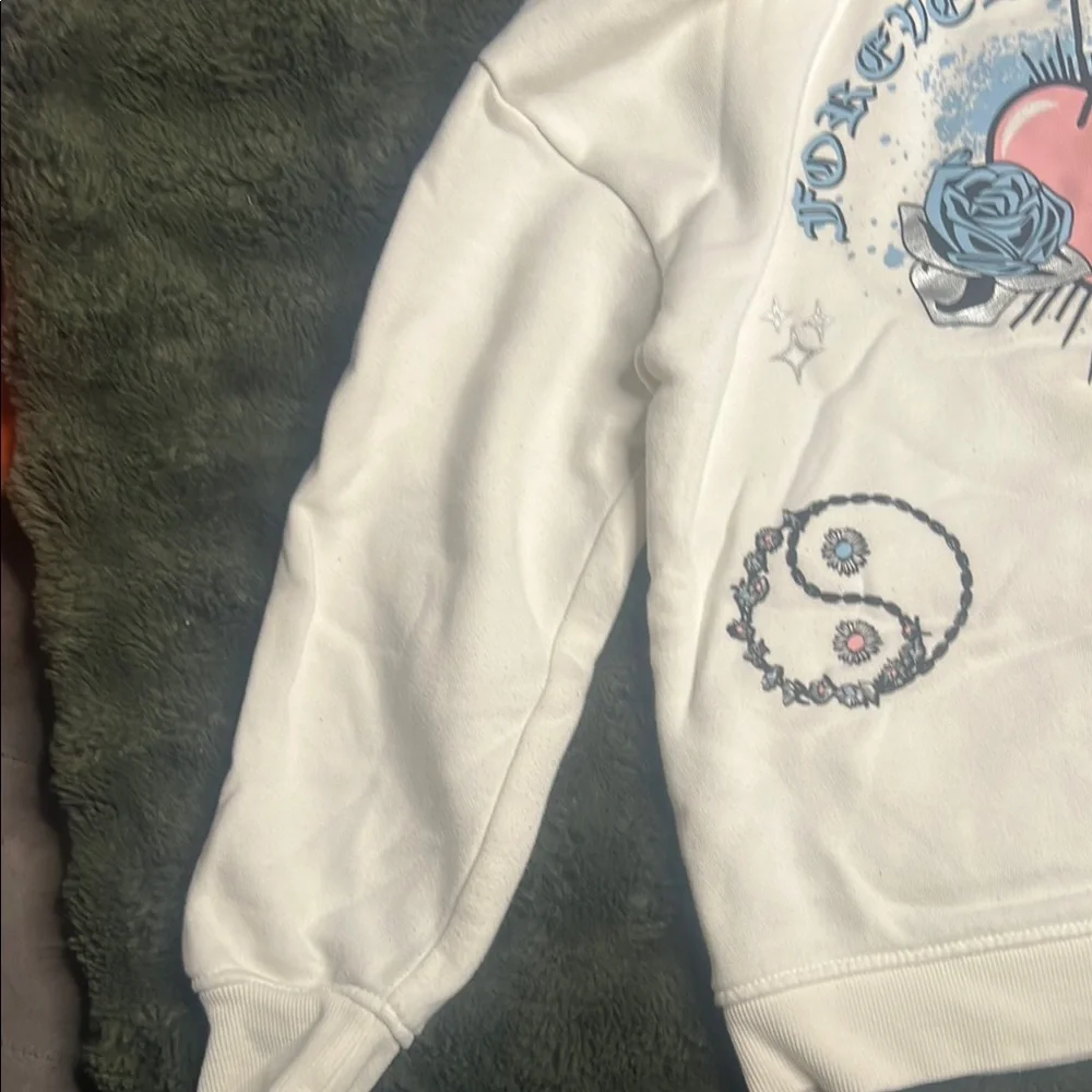 Primark White Hoodie with Blue and Pink Graphics